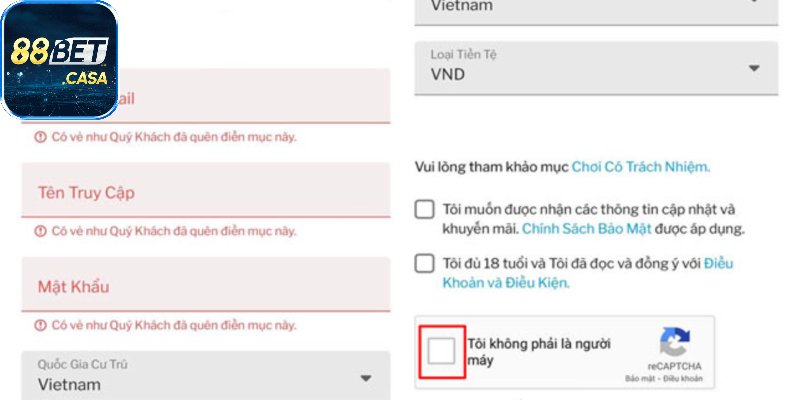 Thực hiện nhập thông tin đăng ký 88Bet đầy đủ và chi tiết